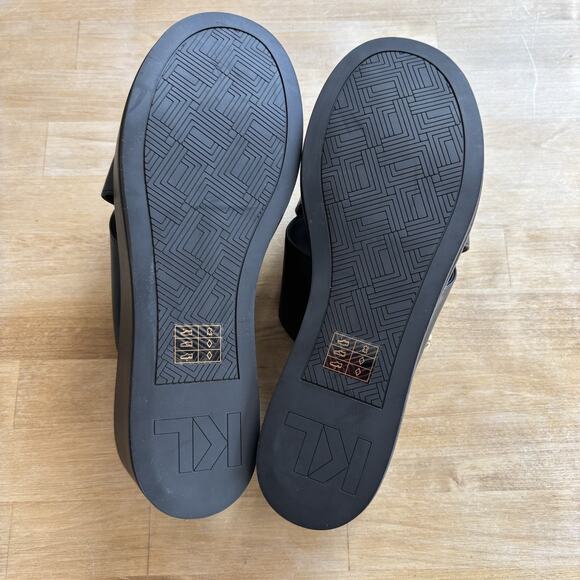 Karl Lagerfeld Studded Charm Platform Gold Black Leather Wedge Sandals 9M NEW - Picture 8 of 10